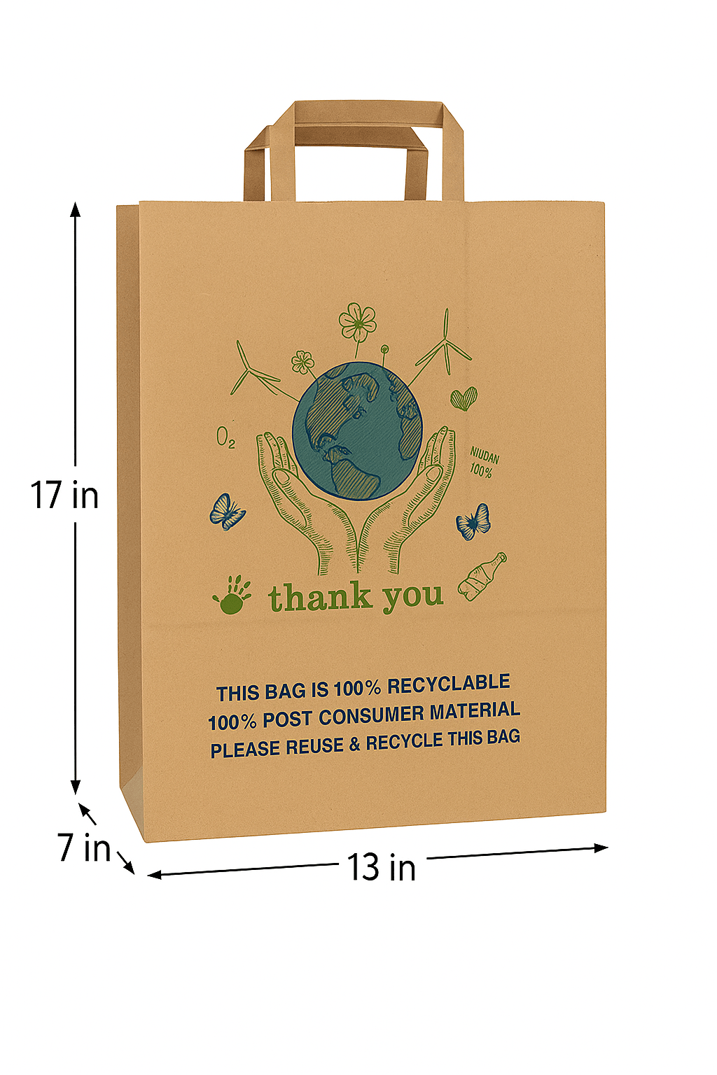 13 x 7 x 17 Kraft Paper Bags – Flat Handle, 100% Recyclable, Eco - Friendly - Jet Paper Bags