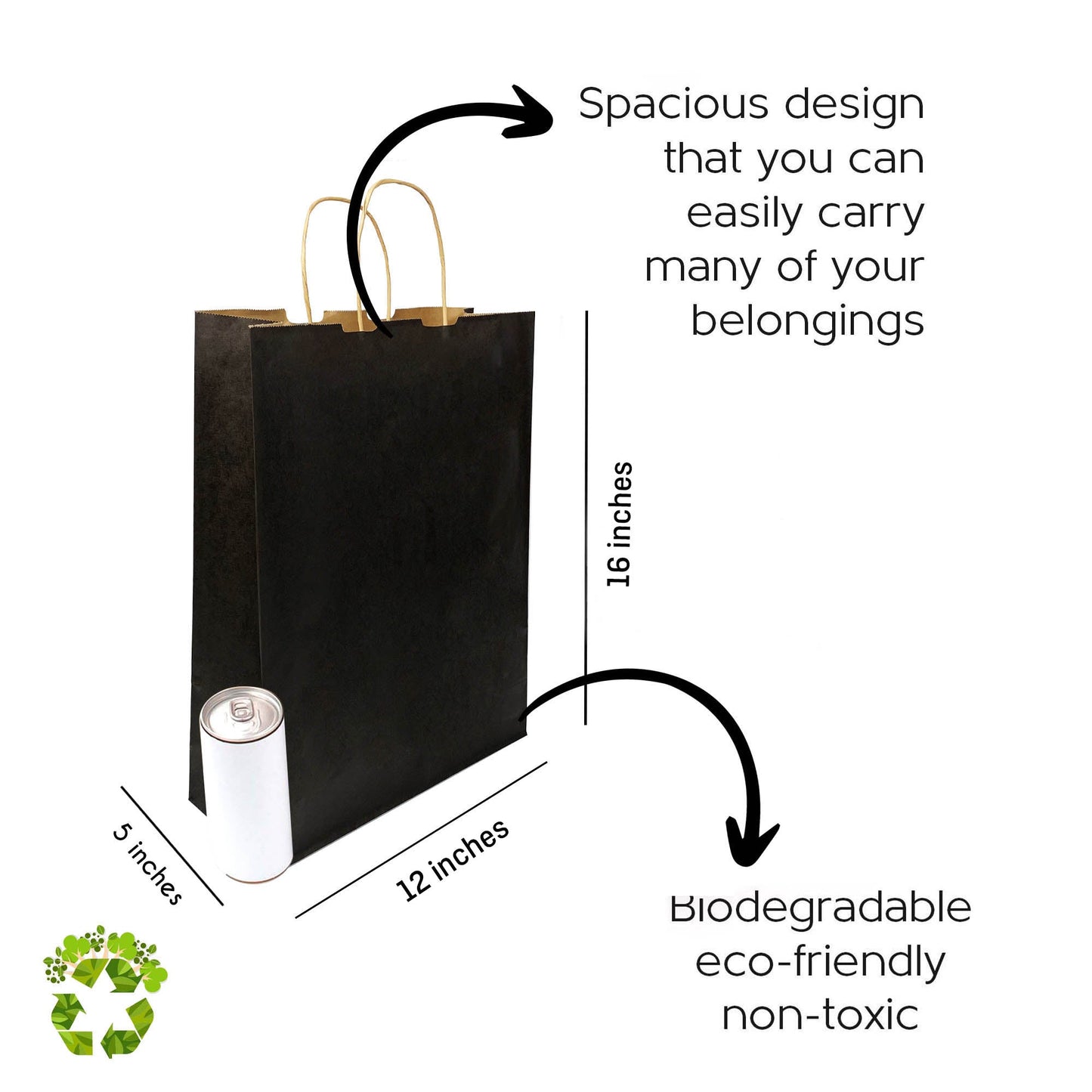 BLACK Colored Paper Bags with Twisted Handles - 12" x 5" x 16H“ - Jet Paper Bags