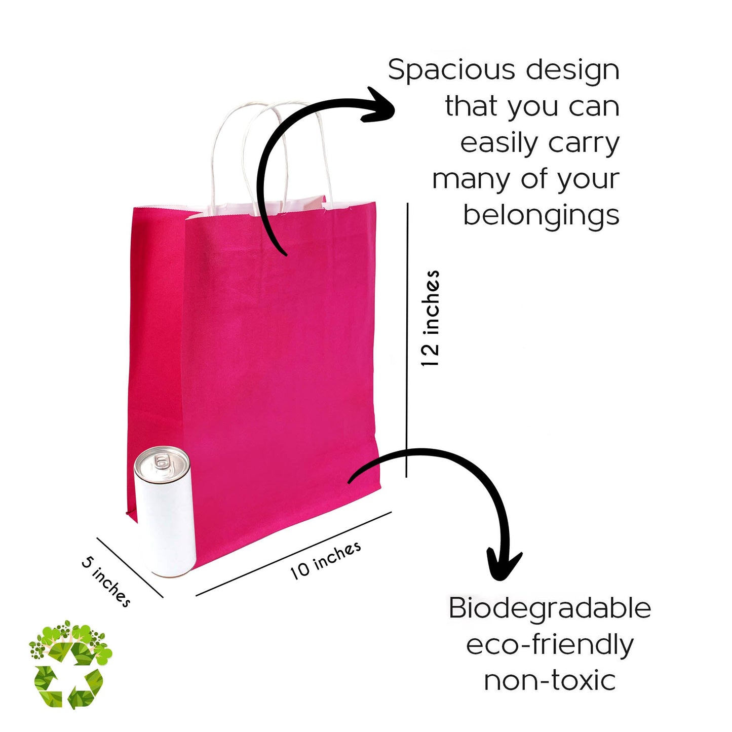 Bright Pink (Fuchsia) Colored Paper Bag with Twisted Handles - 10" x 5" x 12H" - Jet Paper Bags