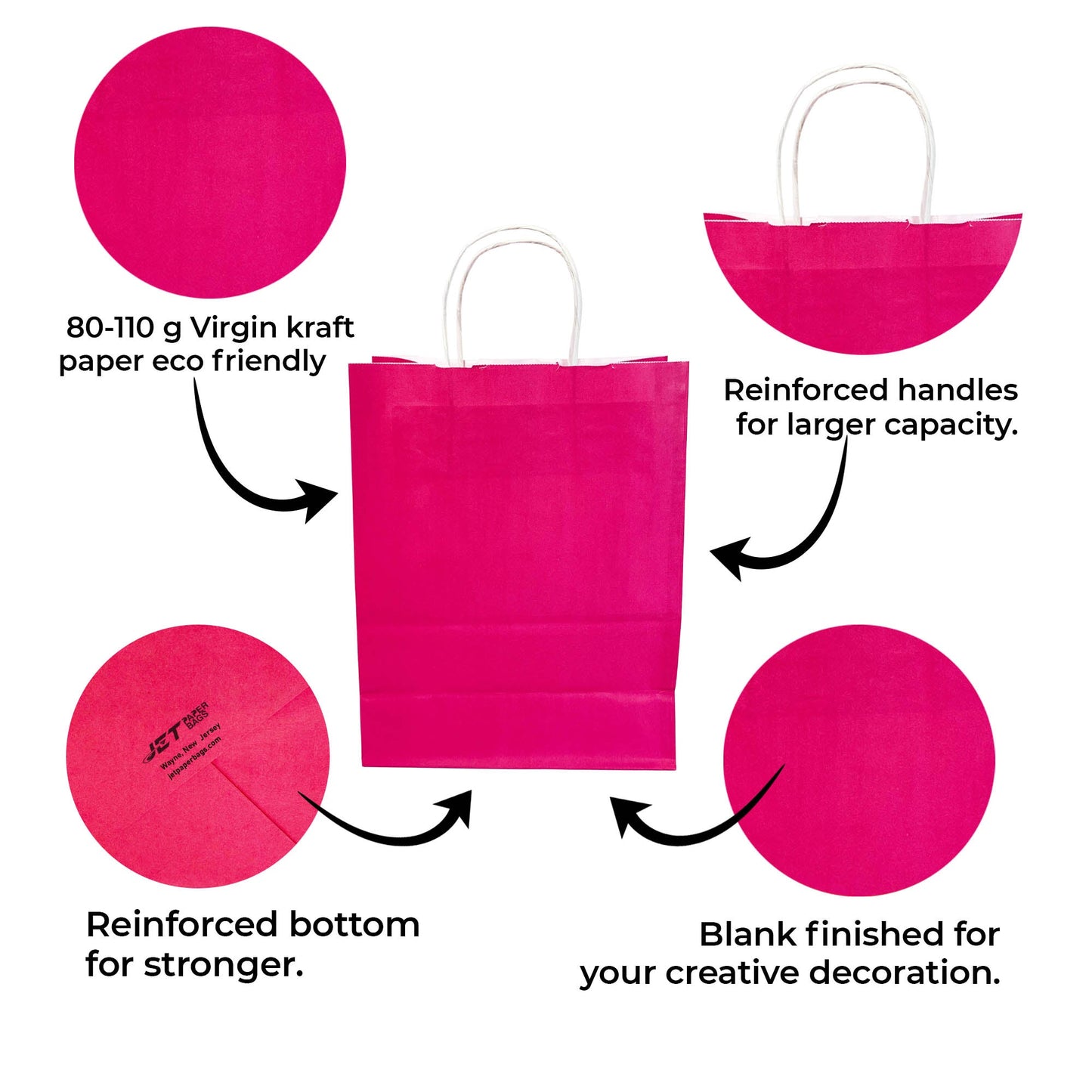Bright Pink (Fuchsia) Colored Paper Bag with Twisted Handles - 10" x 5" x 12H" - Jet Paper Bags