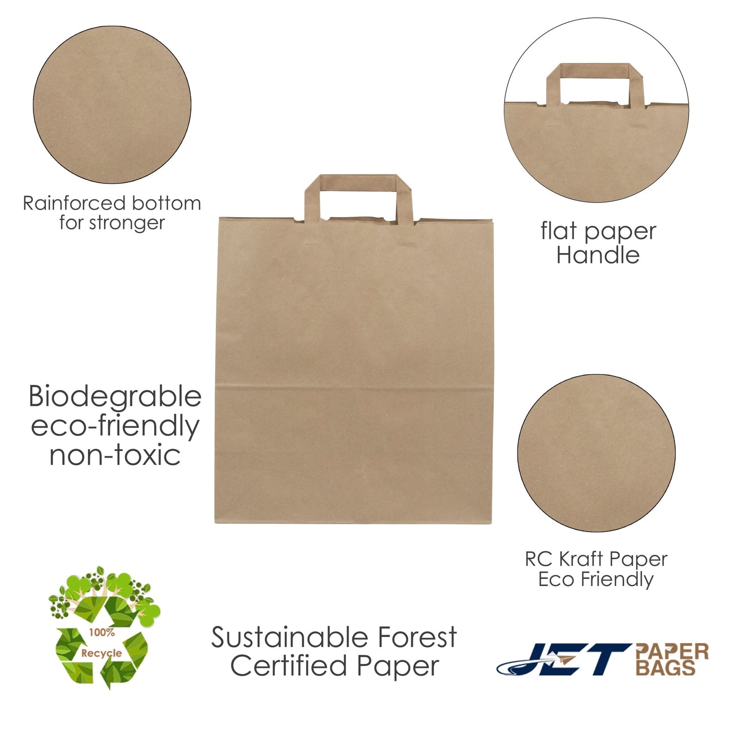 BROWN Paper Bags with Flat Handles - MAX - 13" x 6" x 15"H - Jet Paper Bags