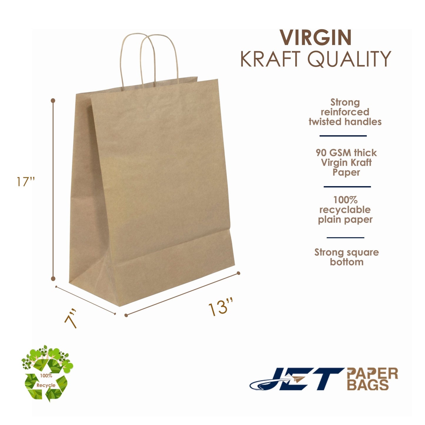 BROWN Paper Bags with Twisted Handles - ALMA - 13" x 7" x 17H" - Jet Paper Bags