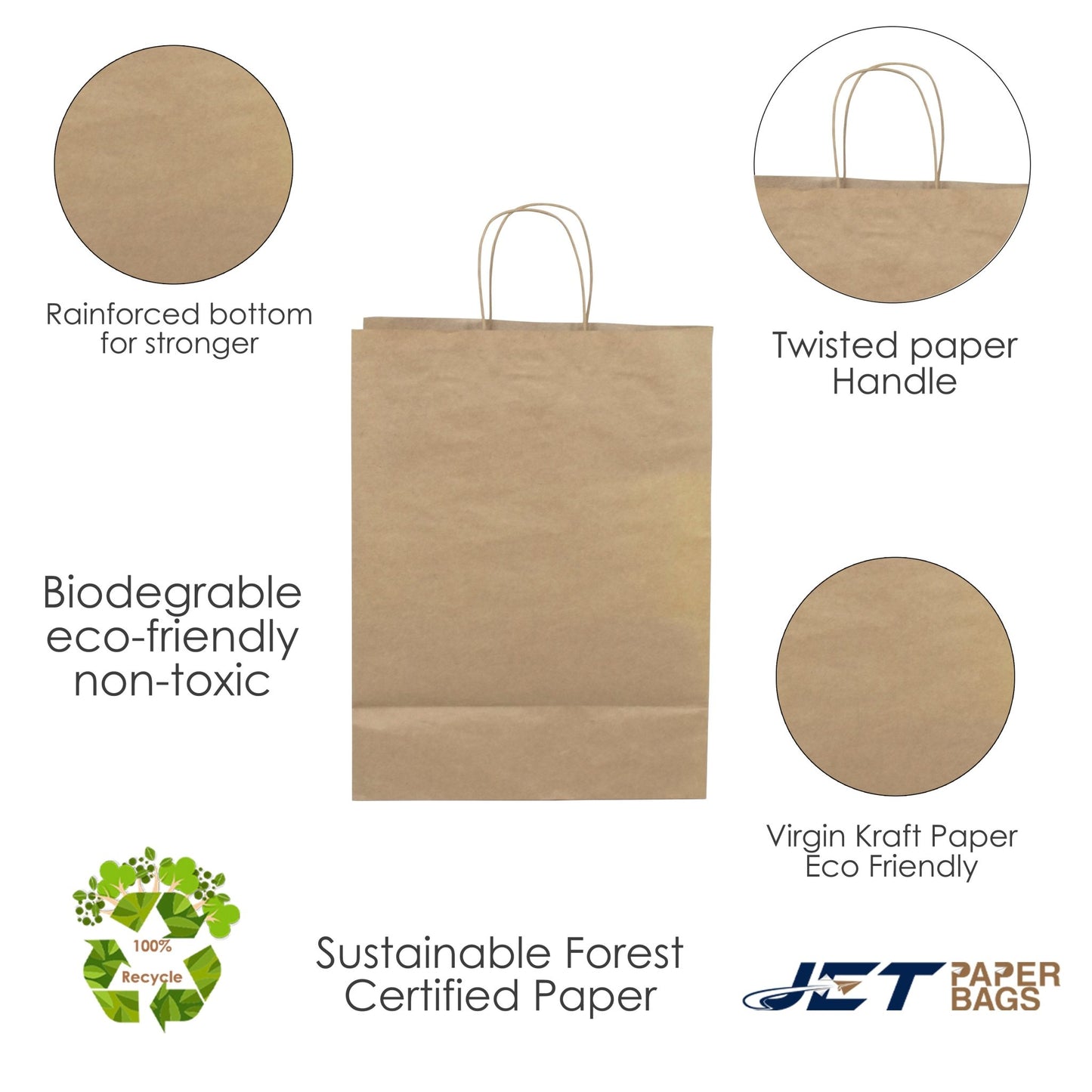 BROWN Paper Bags with Twisted Handles - ALMA - 13" x 7" x 17H" - Jet Paper Bags