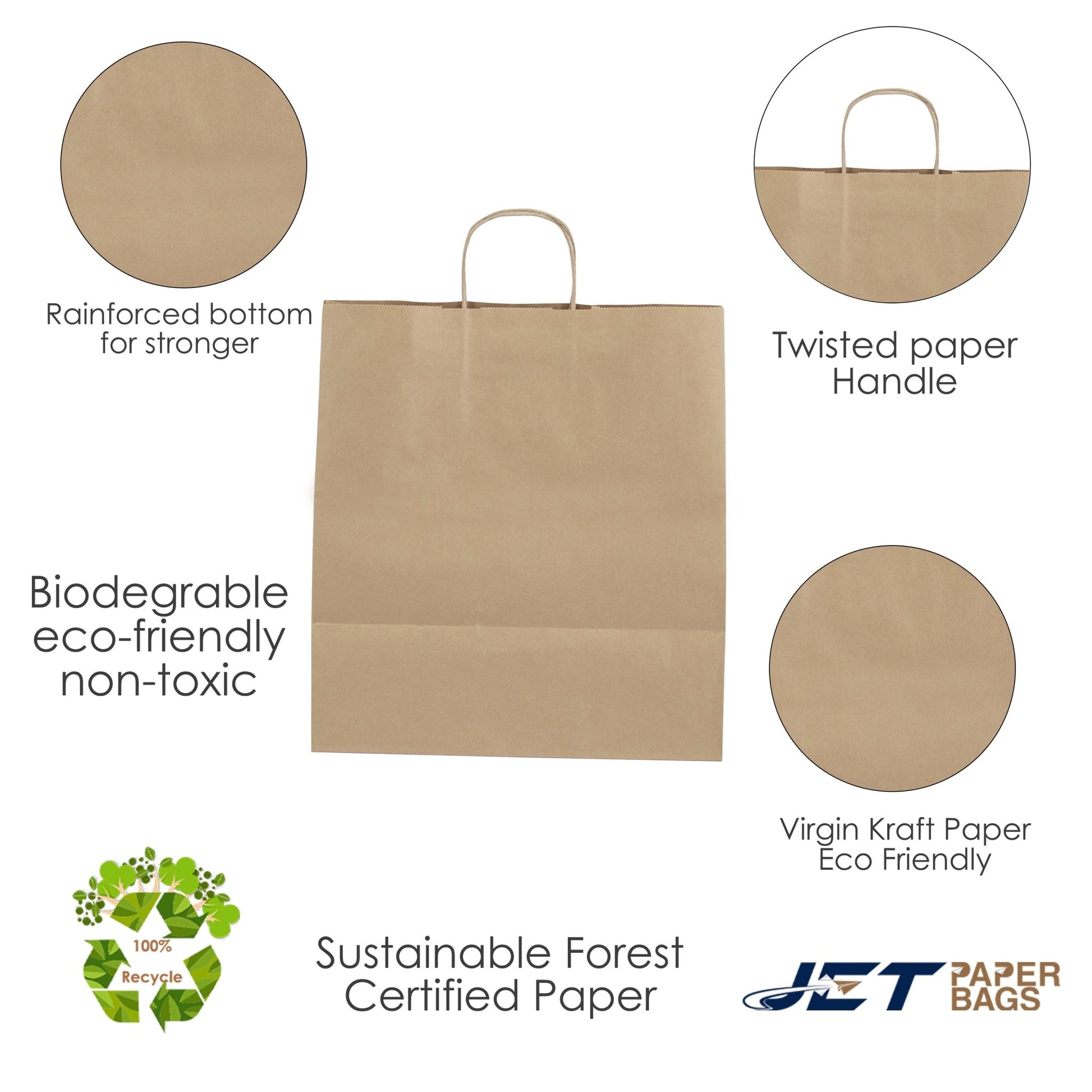 BROWN Paper Bags with Twisted Handles - EDEN - 14" x 9" x 15.5"H - Jet Paper Bags