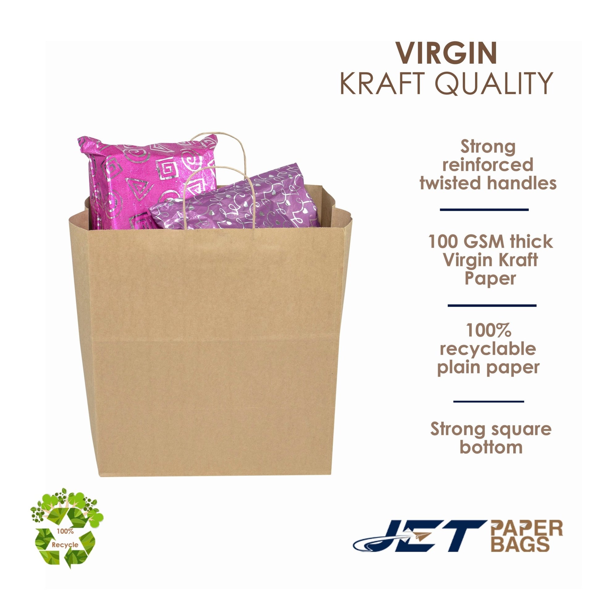 BROWN Paper Bags with Twisted Handles - EDEN - 14" x 9" x 15.5"H - Jet Paper Bags