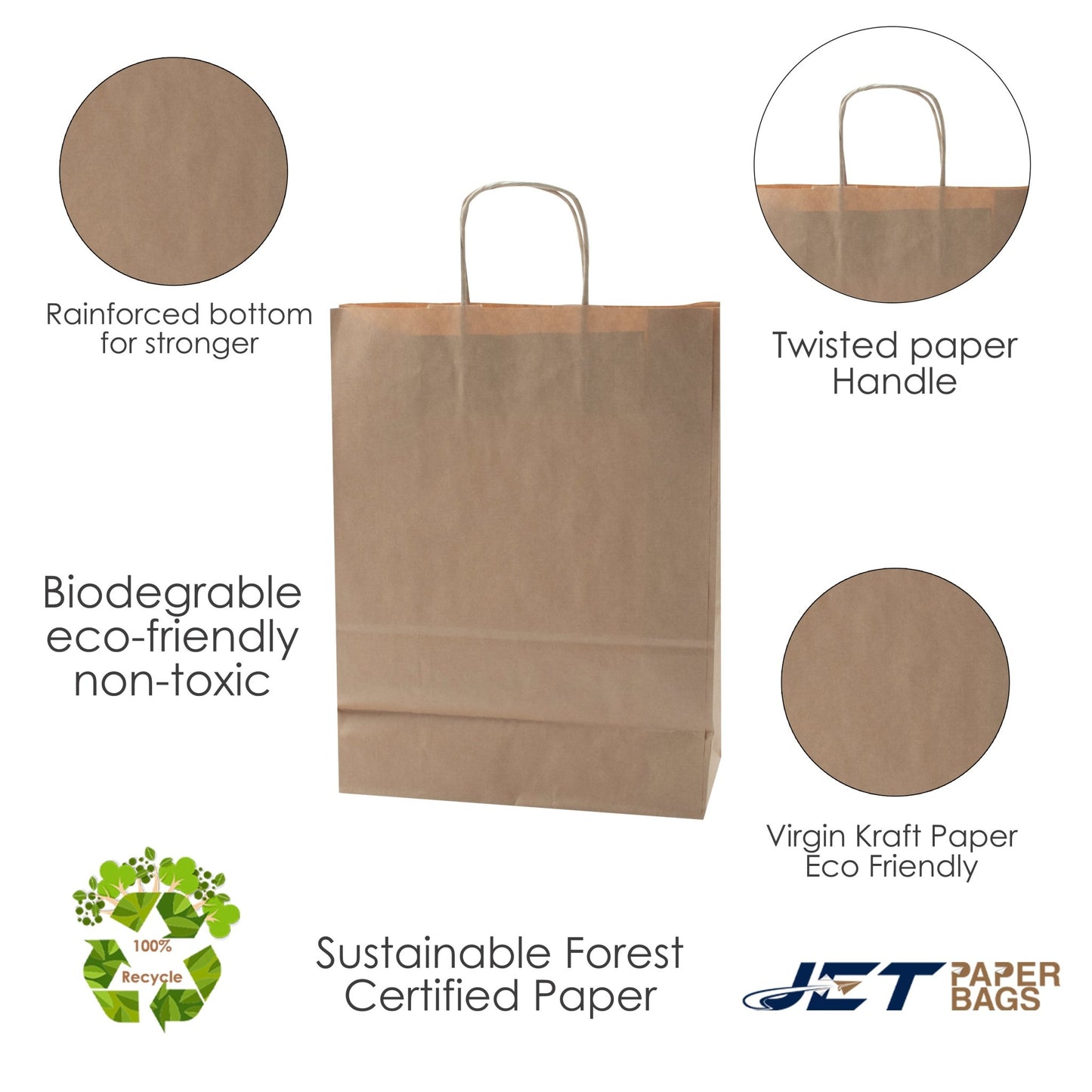 BROWN Paper Bags with twisted Handles - ELLA - 10" x 5" x 13"H - Jet Paper Bags