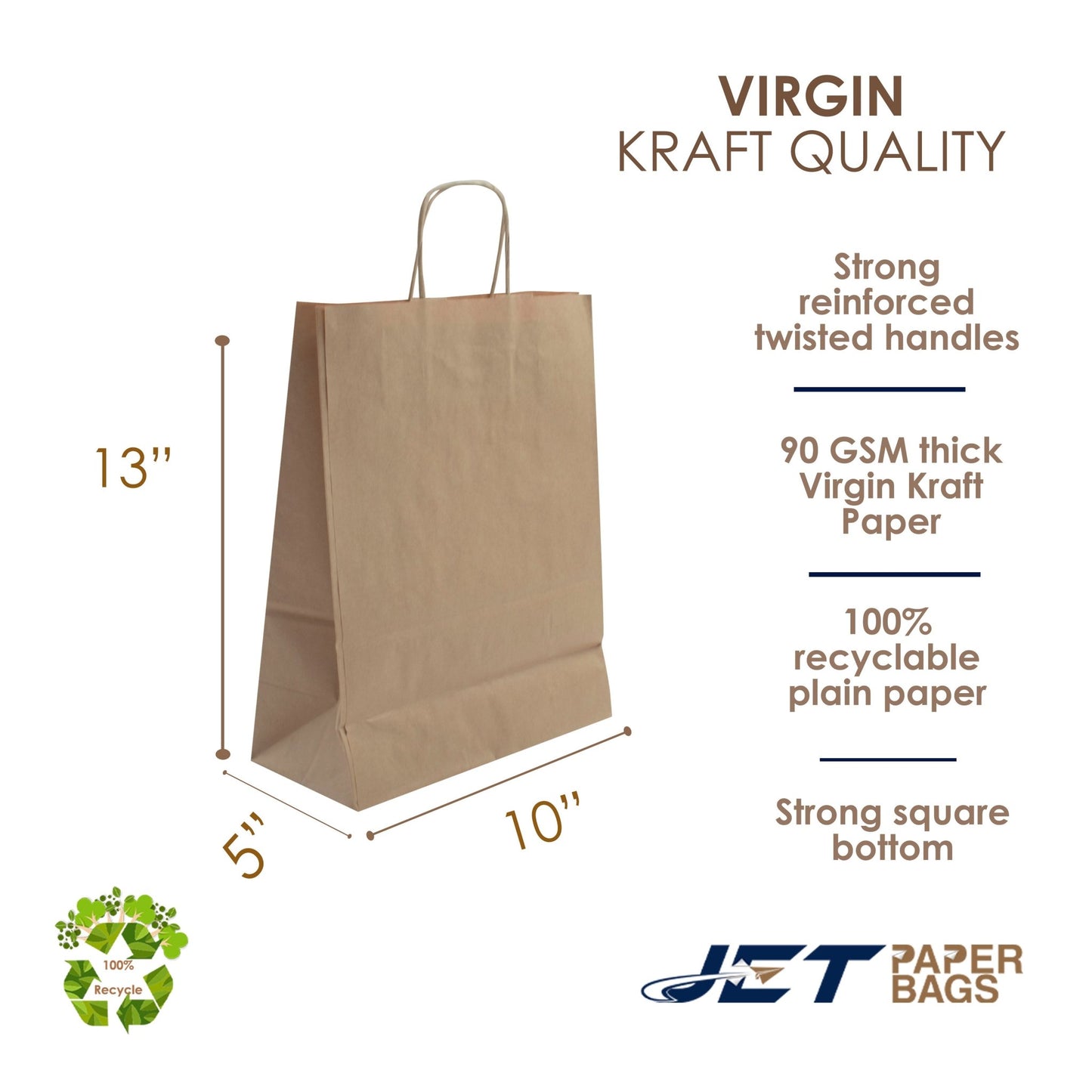 BROWN Paper Bags with twisted Handles - ELLA - 10" x 5" x 13"H - Jet Paper Bags