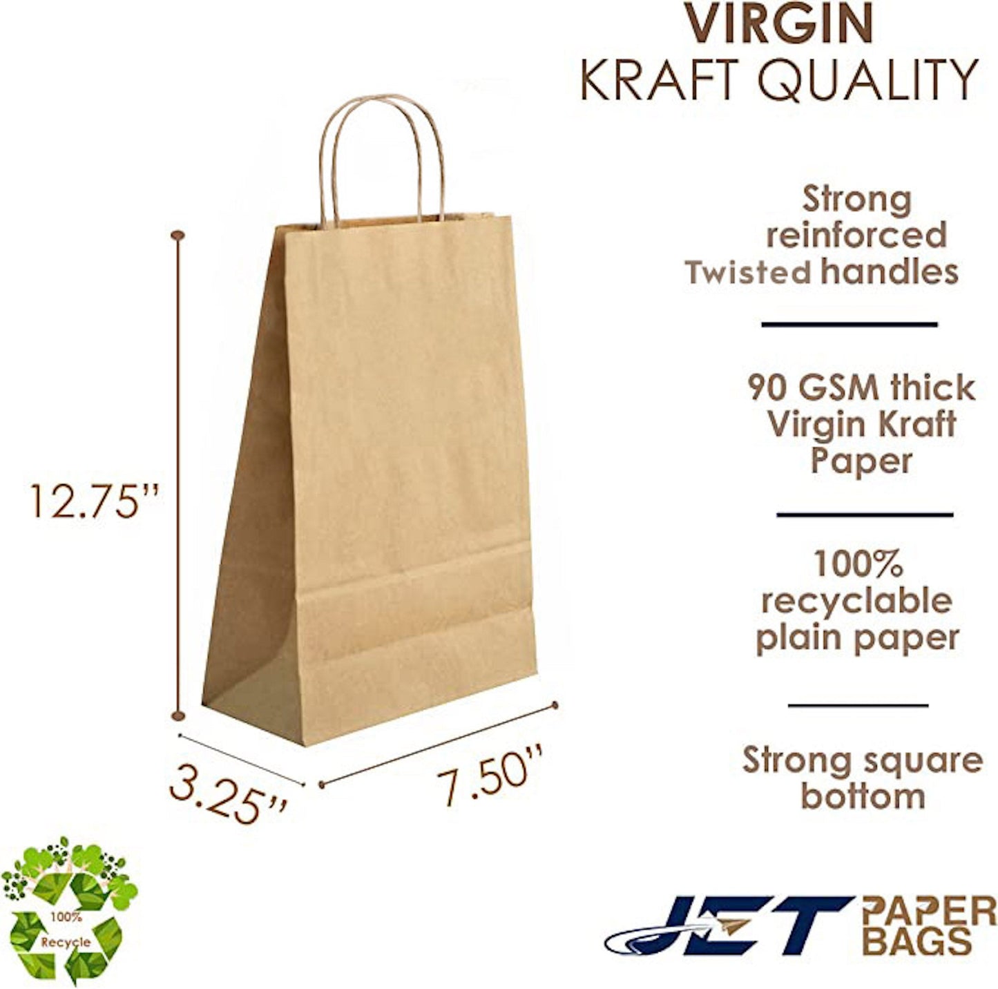 BROWN Paper Bags with Twisted Handles - JADE - 7.50" x 3.25" x 12.75"H - Jet Paper Bags