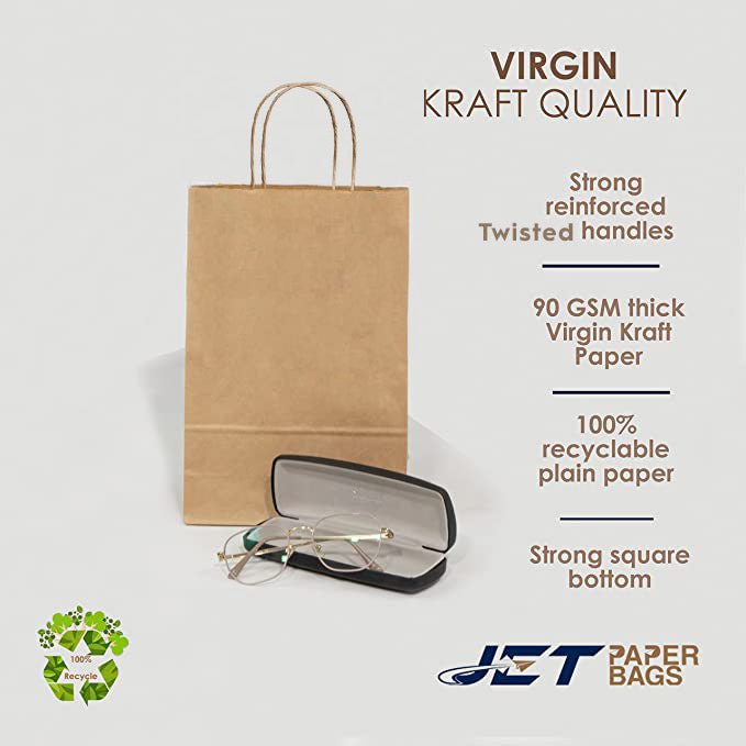 BROWN Paper Bags with Twisted Handles - JADE - 7.50" x 3.25" x 12.75"H - Jet Paper Bags
