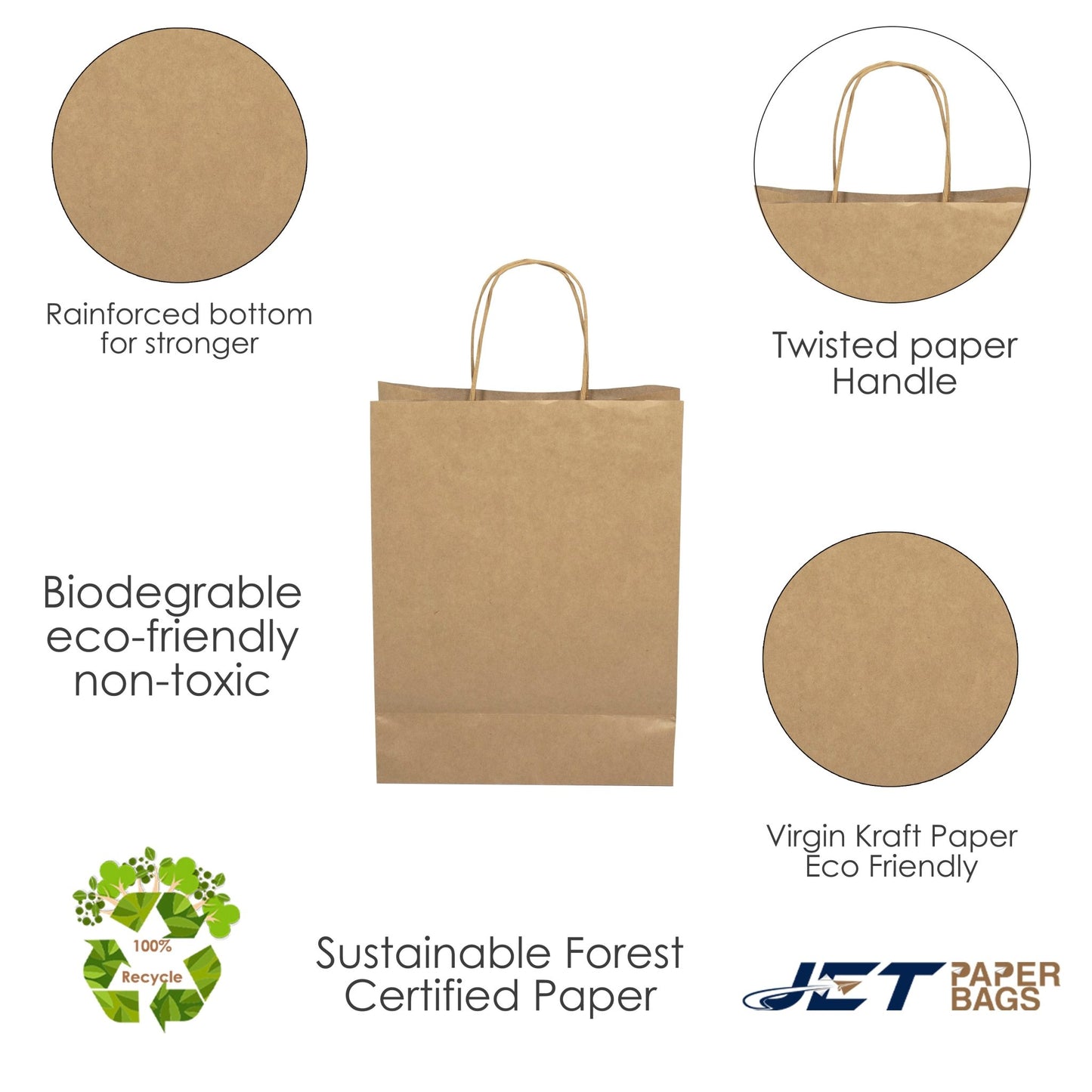 BROWN Paper Bags with Twisted Handles - MIRA - 13" x 7" x 17H" - Jet Paper Bags