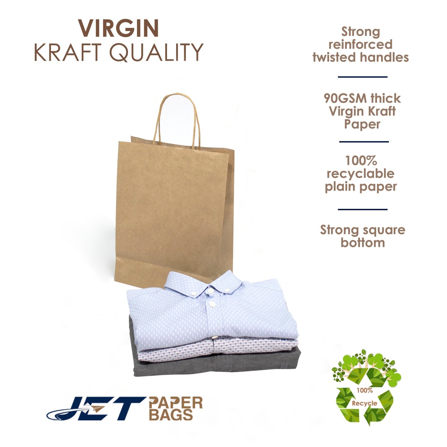 BROWN Paper Bags with Twisted Handles - MIRA - 13" x 7" x 17H" - Jet Paper Bags