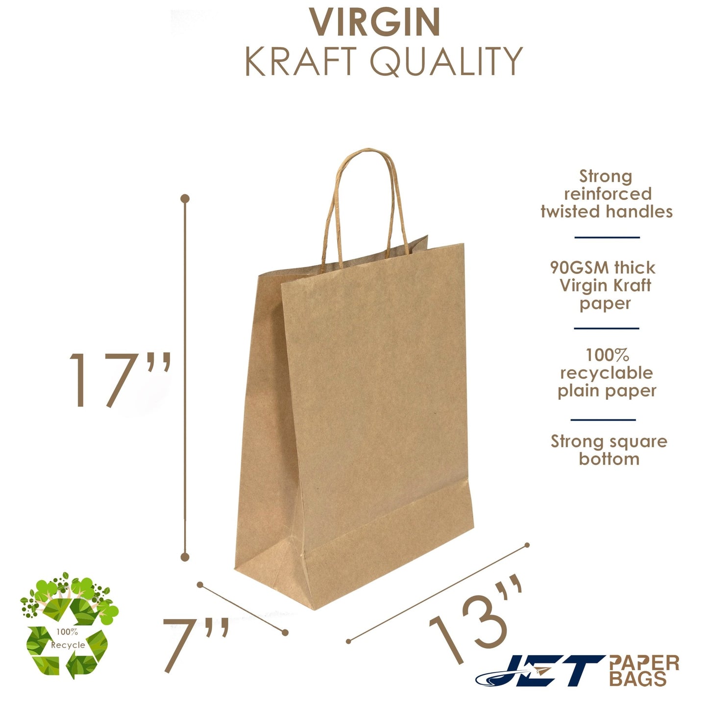 BROWN Paper Bags with Twisted Handles - MIRA - 13" x 7" x 17H" - Jet Paper Bags