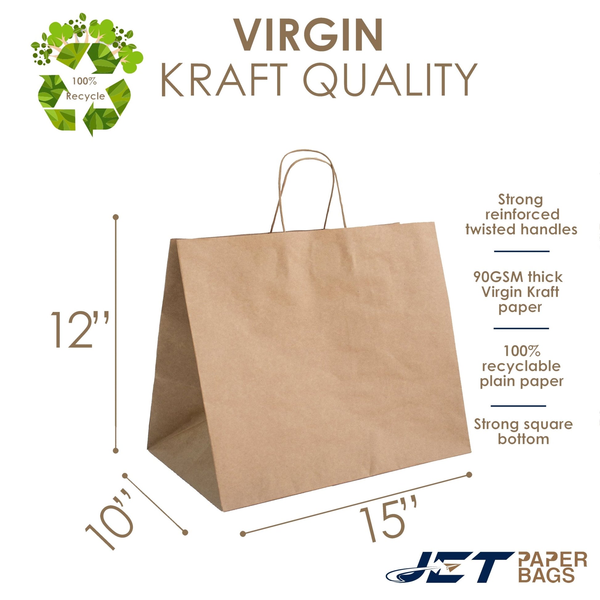 BROWN Paper Bags with Twisted Handles - ZARA - 15" x 10" x 12H" - Jet Paper Bags
