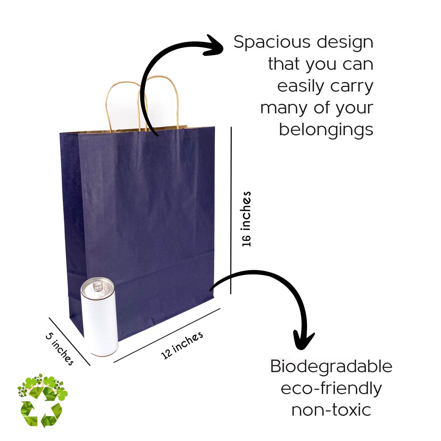 NAVY BLUE Colored Paper Bags with Twisted Handles - 12" x 5" x 16 H“ - Jet Paper Bags
