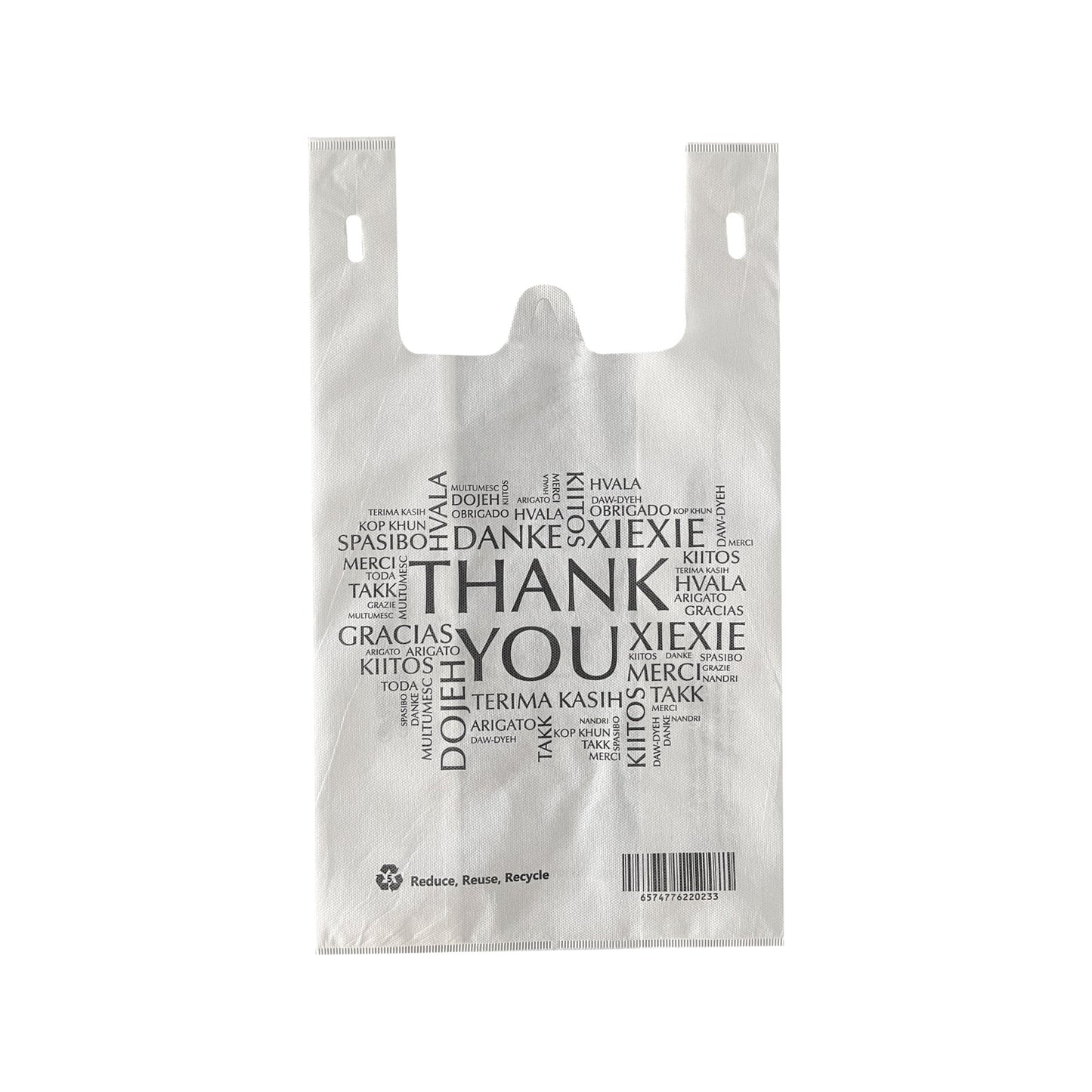Non - woven Reusable Bags 12.5" x 7.7" x 12.5" Tote Bag, Thank You printed in All Languages, White Bags - Jet Paper Bags