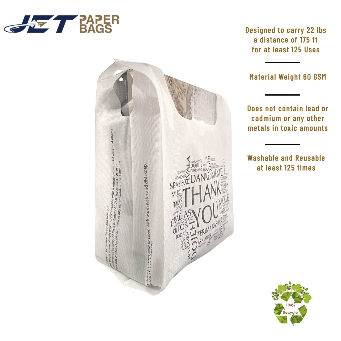 Non - woven Reusable Bags 12.5" x 7.7" x 12.5" Tote Bag, Thank You printed in All Languages, White Bags - Jet Paper Bags