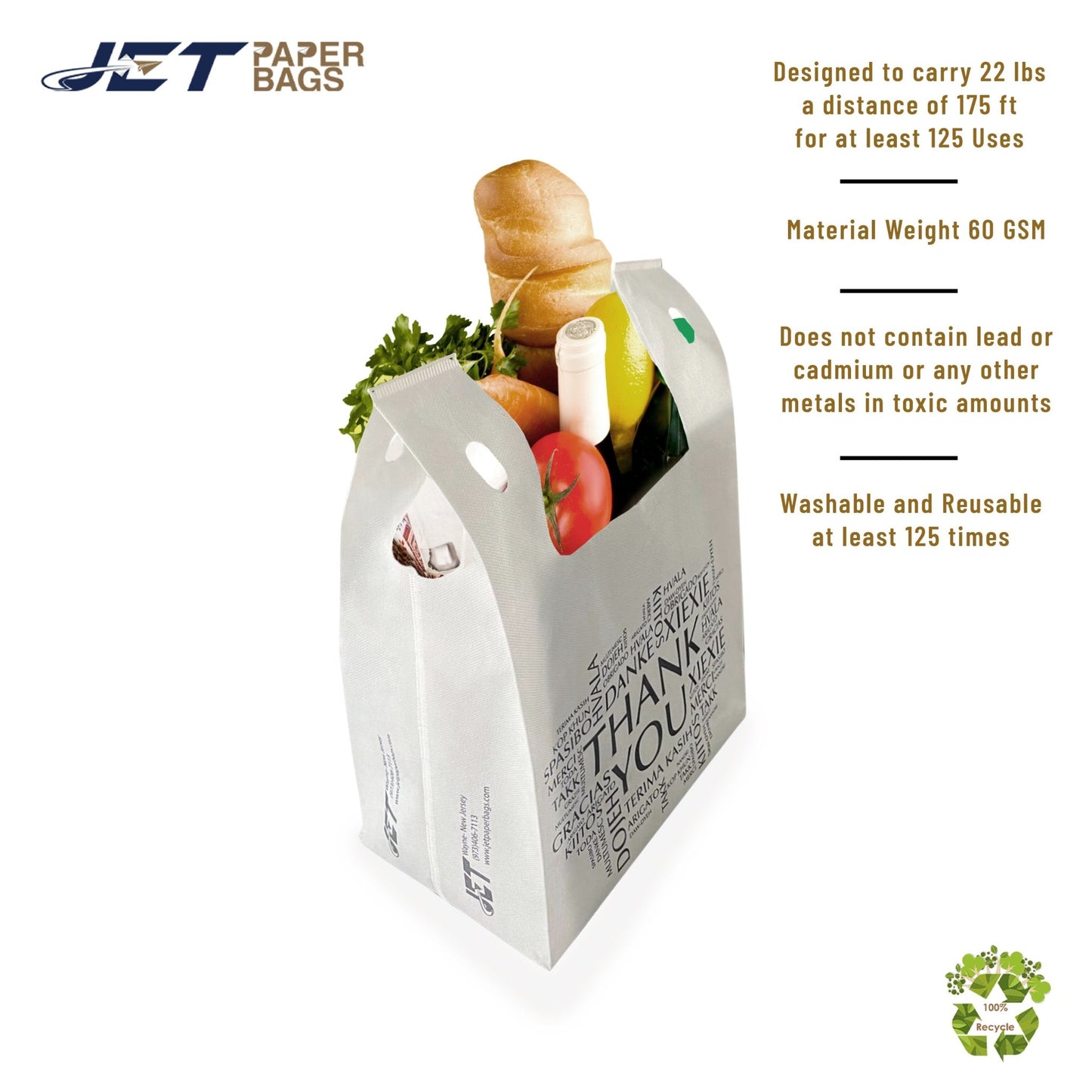Non - woven Reusable Bags 12.5" x 7.7" x 12.5" Tote Bag, Thank You printed in All Languages, White Bags - Jet Paper Bags