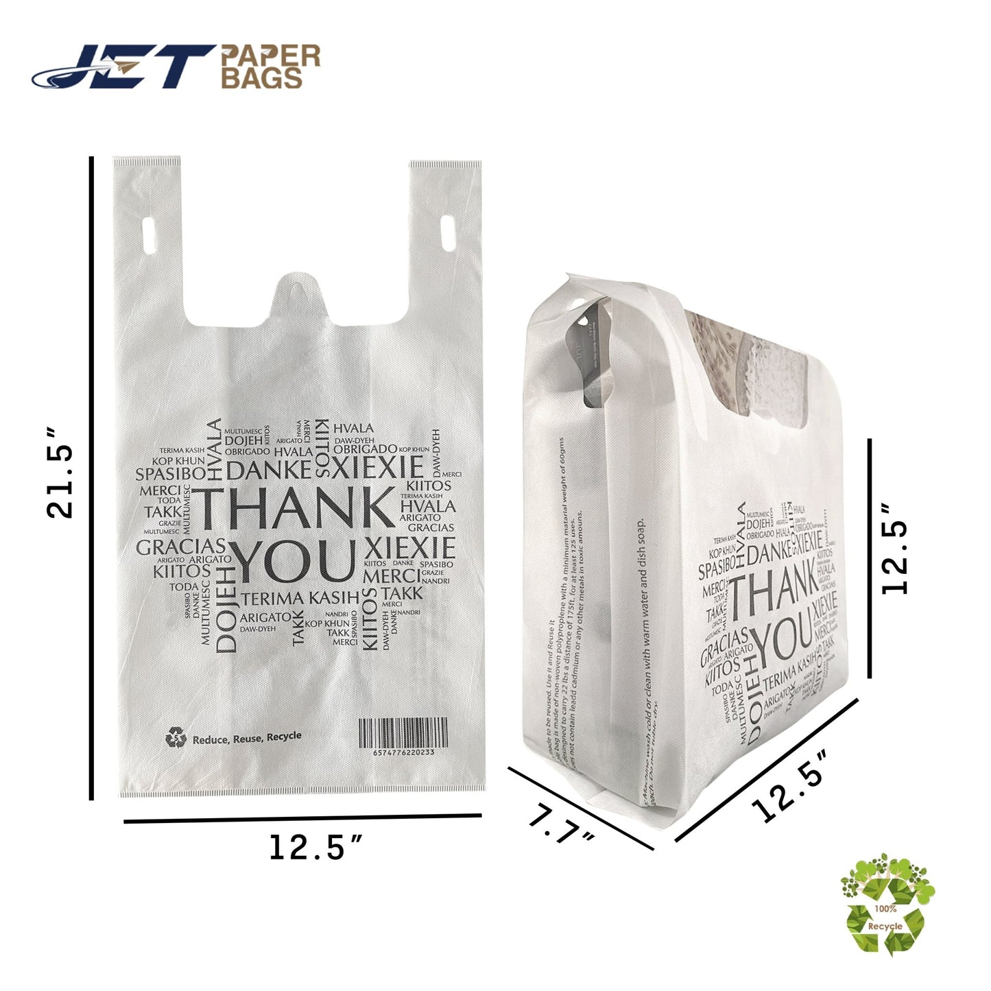 Non - woven Reusable Bags 12.5" x 7.7" x 12.5" Tote Bag, Thank You printed in All Languages, White Bags - Jet Paper Bags