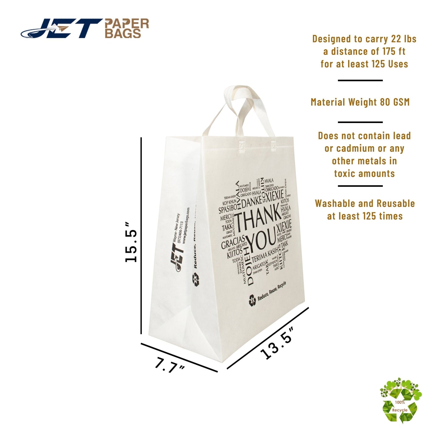 Non - woven Reusable Bags 13.5" x 7.7" x 15.5" Eco - Friendly, Thank You printed in all languages, White Bags - Jet Paper Bags