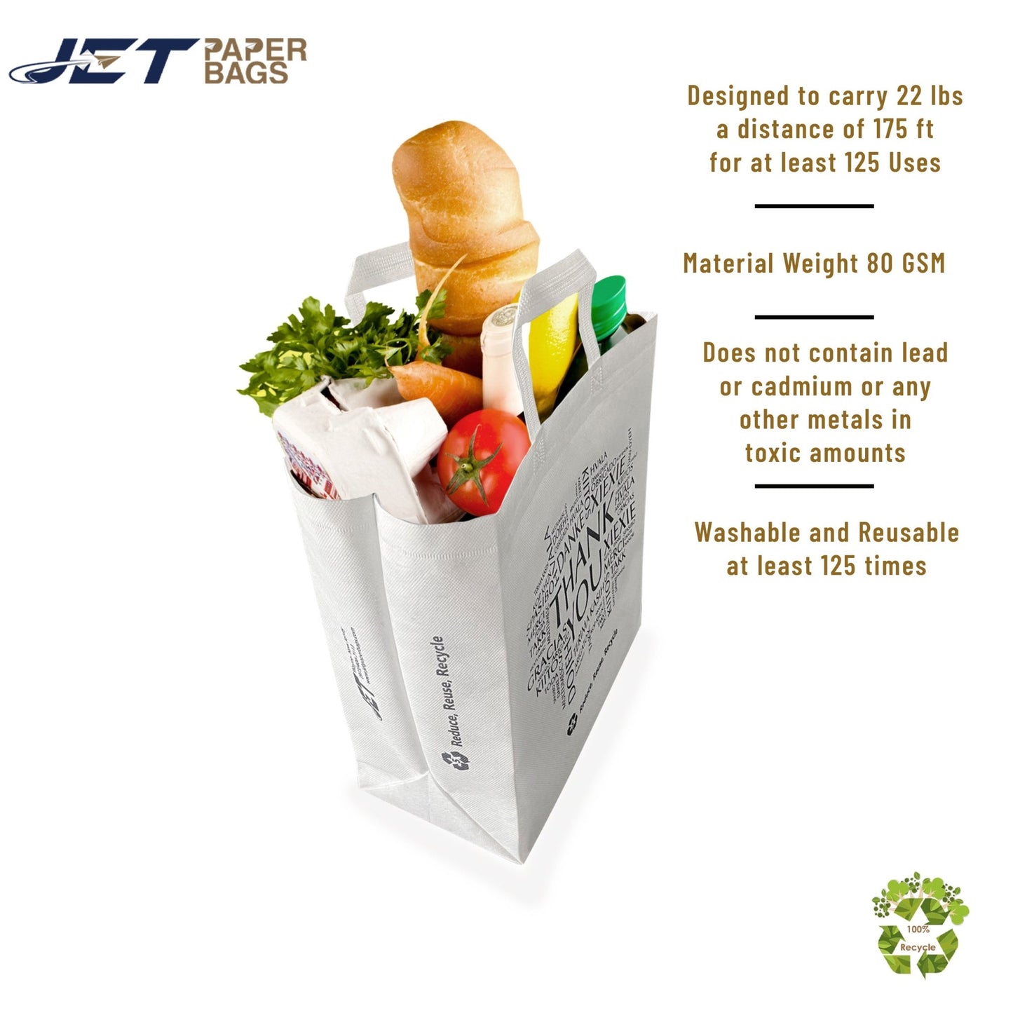 Non - woven Reusable Bags 13.5" x 7.7" x 15.5" Eco - Friendly, Thank You printed in all languages, White Bags - Jet Paper Bags