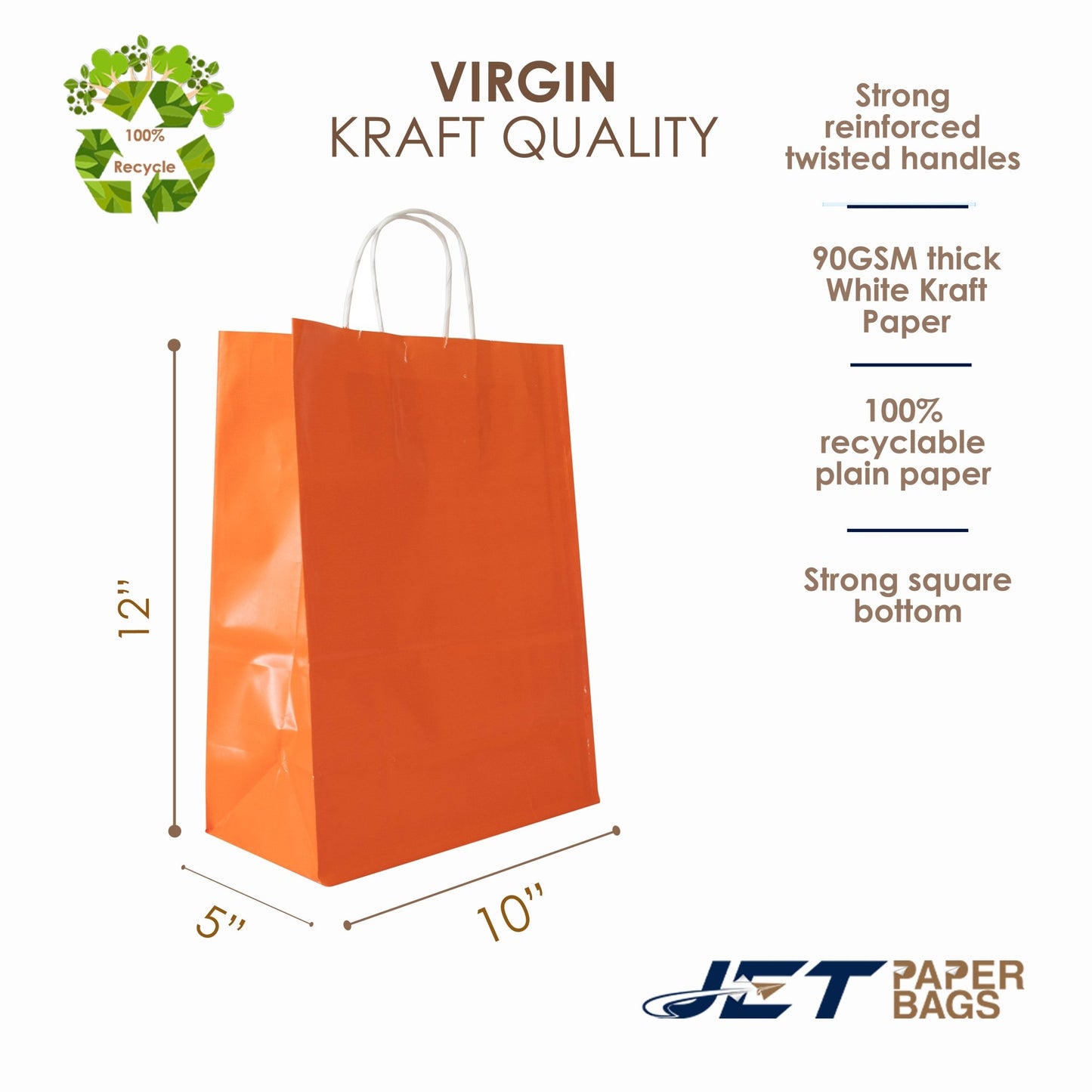 ORANGE Colored Paper Bag with Twisted Handles - 10" x 5" x 12H“ - Jet Paper Bags