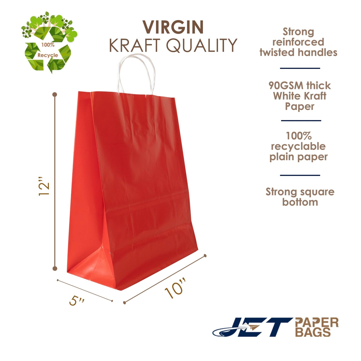 RED Colored Paper Bags with Twisted Handles - 10" x 5" x 12H" - Jet Paper Bags