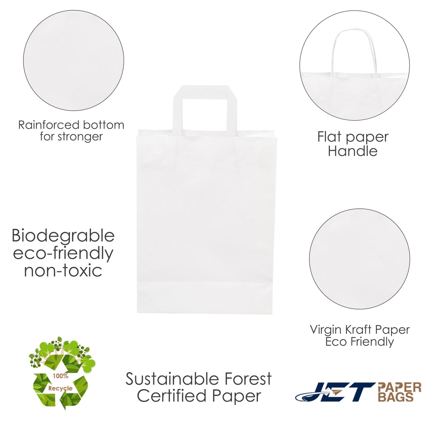 White Paper Bags with Flat Handles - CARA FLAT - 8.50" x 4.75" x 10"H - Jet Paper Bags