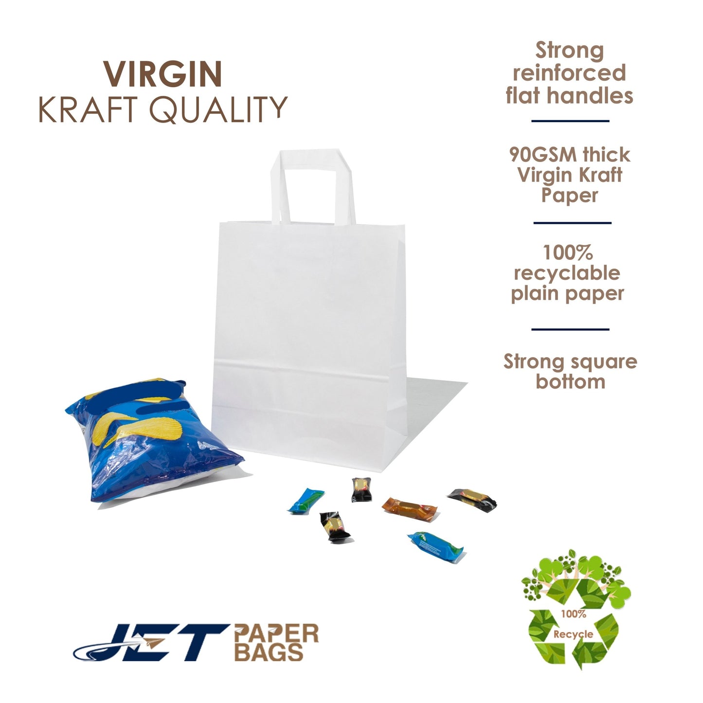 White Paper Bags with Flat Handles - CARA FLAT - 8.50" x 4.75" x 10"H - Jet Paper Bags