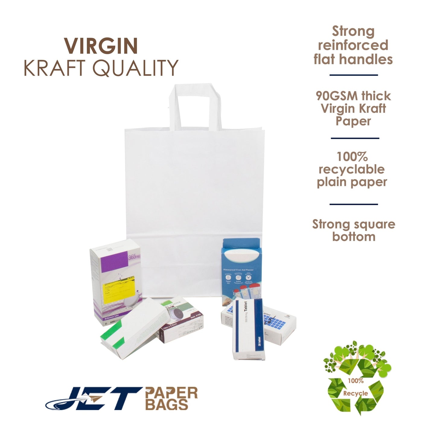 White Paper Bags with Flat Handles - CARA FLAT - 8.50" x 4.75" x 10"H - Jet Paper Bags