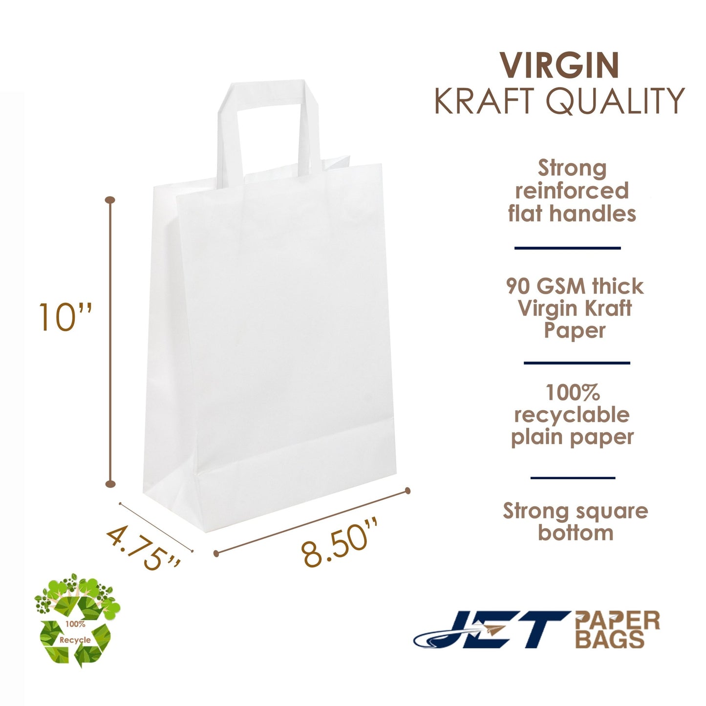 White Paper Bags with Flat Handles - CARA FLAT - 8.50" x 4.75" x 10"H - Jet Paper Bags