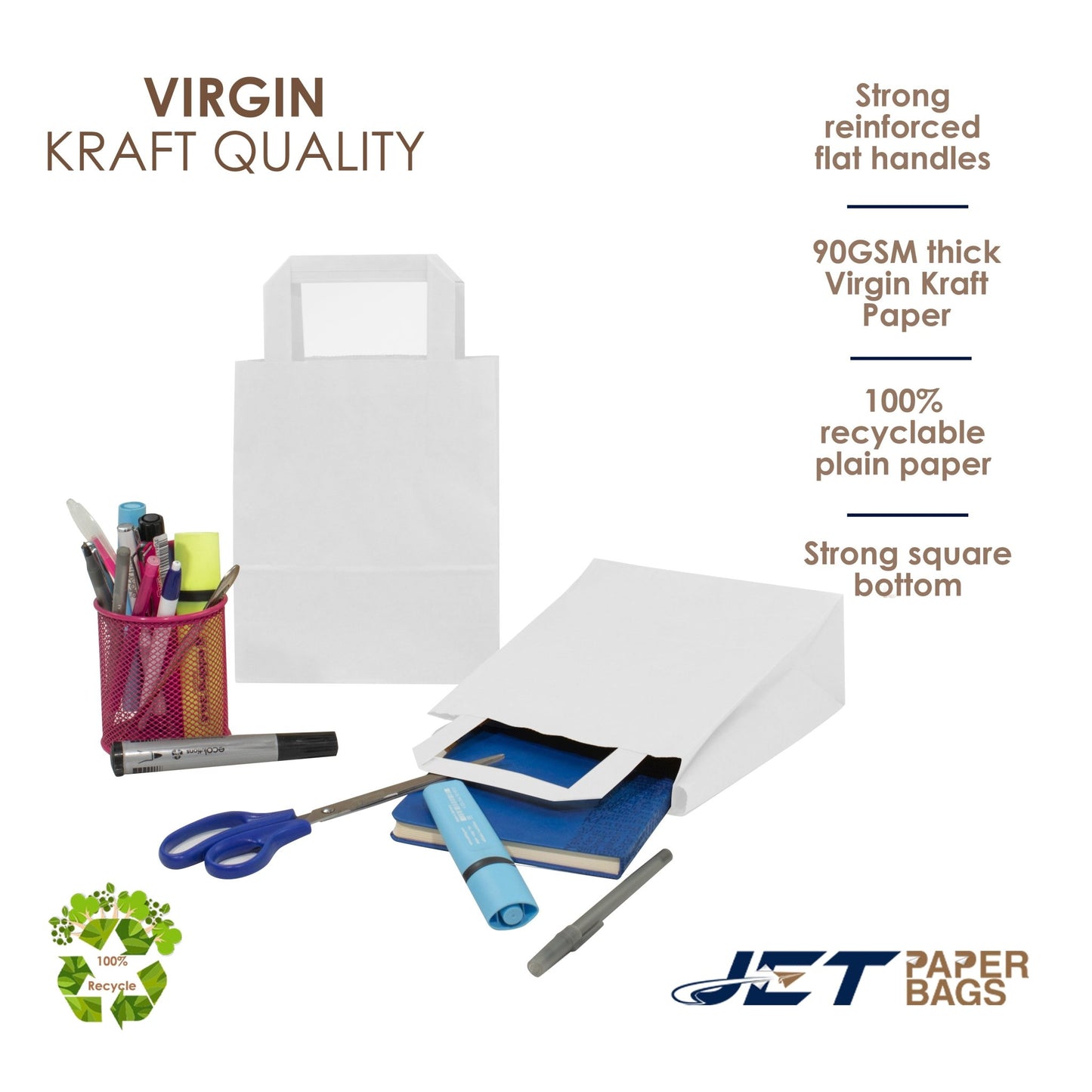 WHITE Paper Bags with Flat Handles - GEO - 7x4x9 - Jet Paper Bags