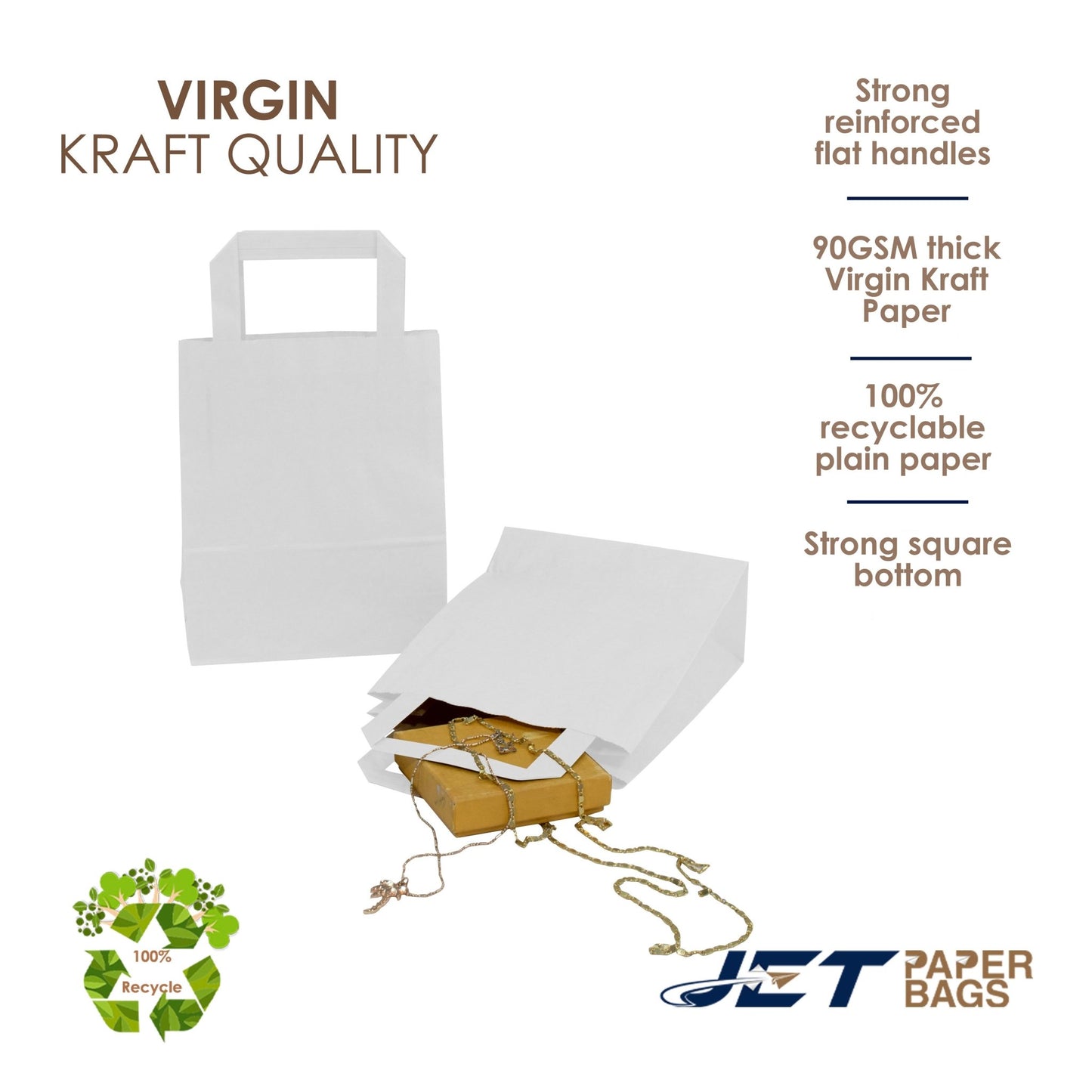 WHITE Paper Bags with Flat Handles - GEO - 7x4x9 - Jet Paper Bags
