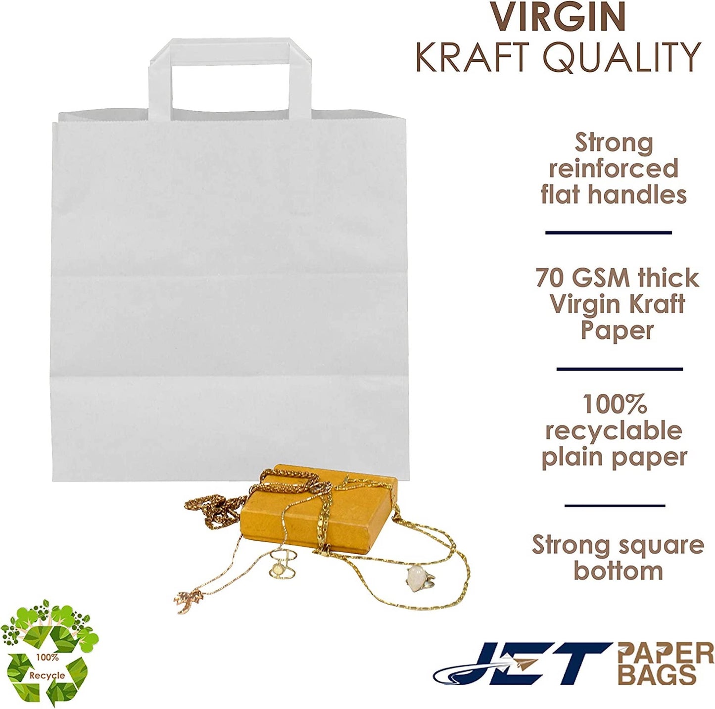 WHITE Paper Bags with Flat Handles - RAY - 11" x 6" x 11.5"H - Jet Paper Bags