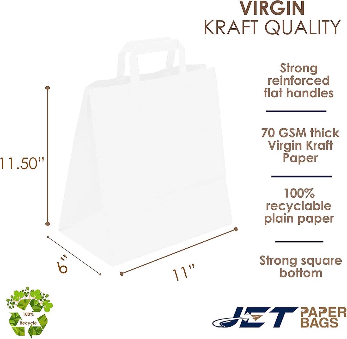 WHITE Paper Bags with Flat Handles - RAY - 11" x 6" x 11.5"H - Jet Paper Bags