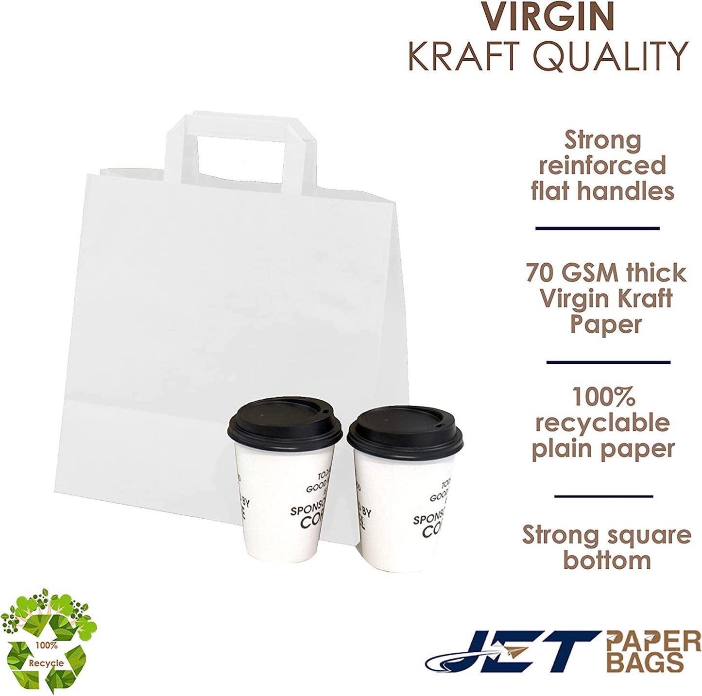 WHITE Paper Bags with Flat Handles - RAY - 11" x 6" x 11.5"H - Jet Paper Bags