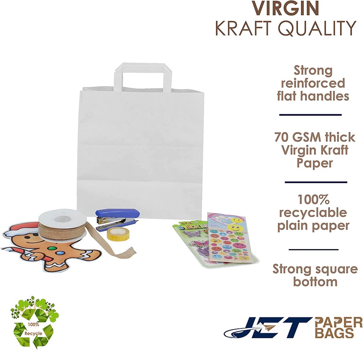WHITE Paper Bags with Flat Handles - RAY - 11" x 6" x 11.5"H - Jet Paper Bags