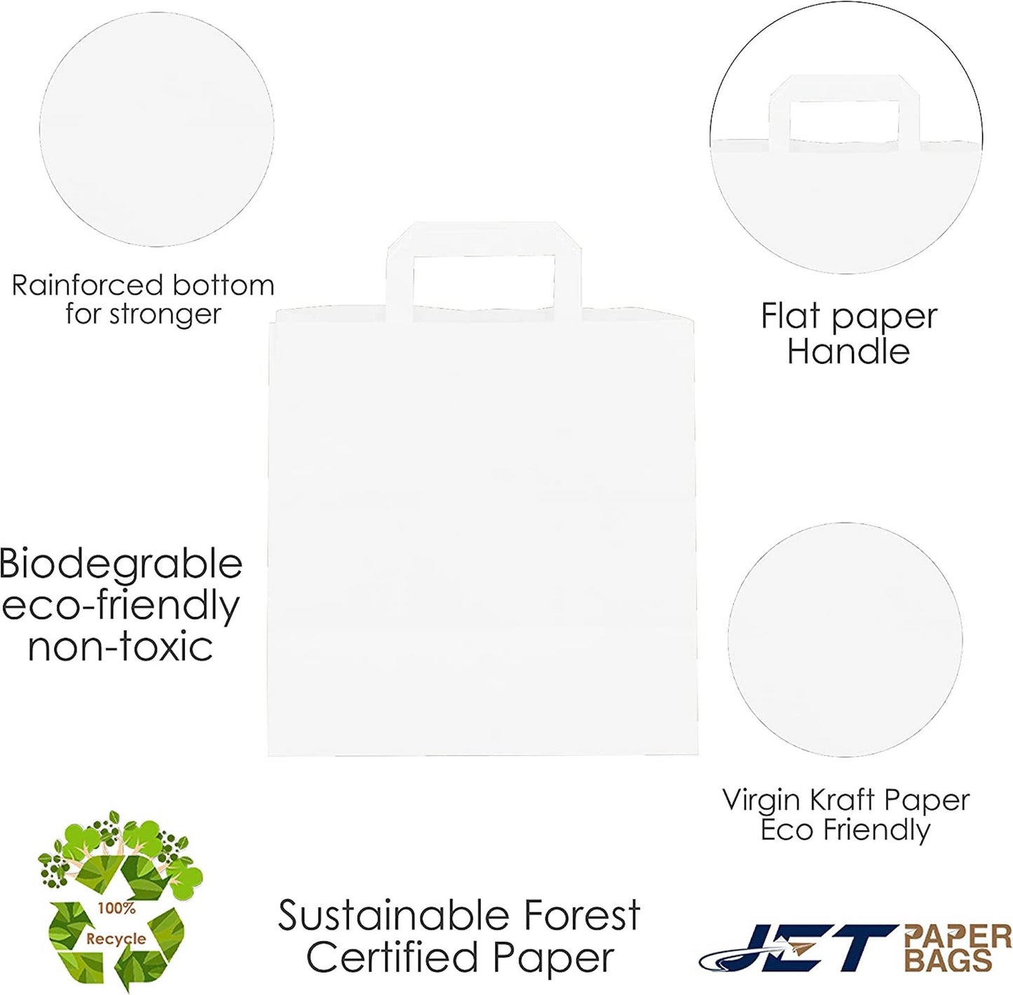 WHITE Paper Bags with Flat Handles - RAY - 11" x 6" x 11.5"H - Jet Paper Bags