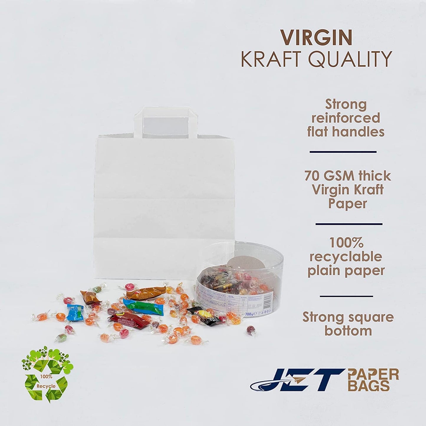 WHITE Paper Bags with Flat Handles - RAY - 11" x 6" x 11.5"H - Jet Paper Bags