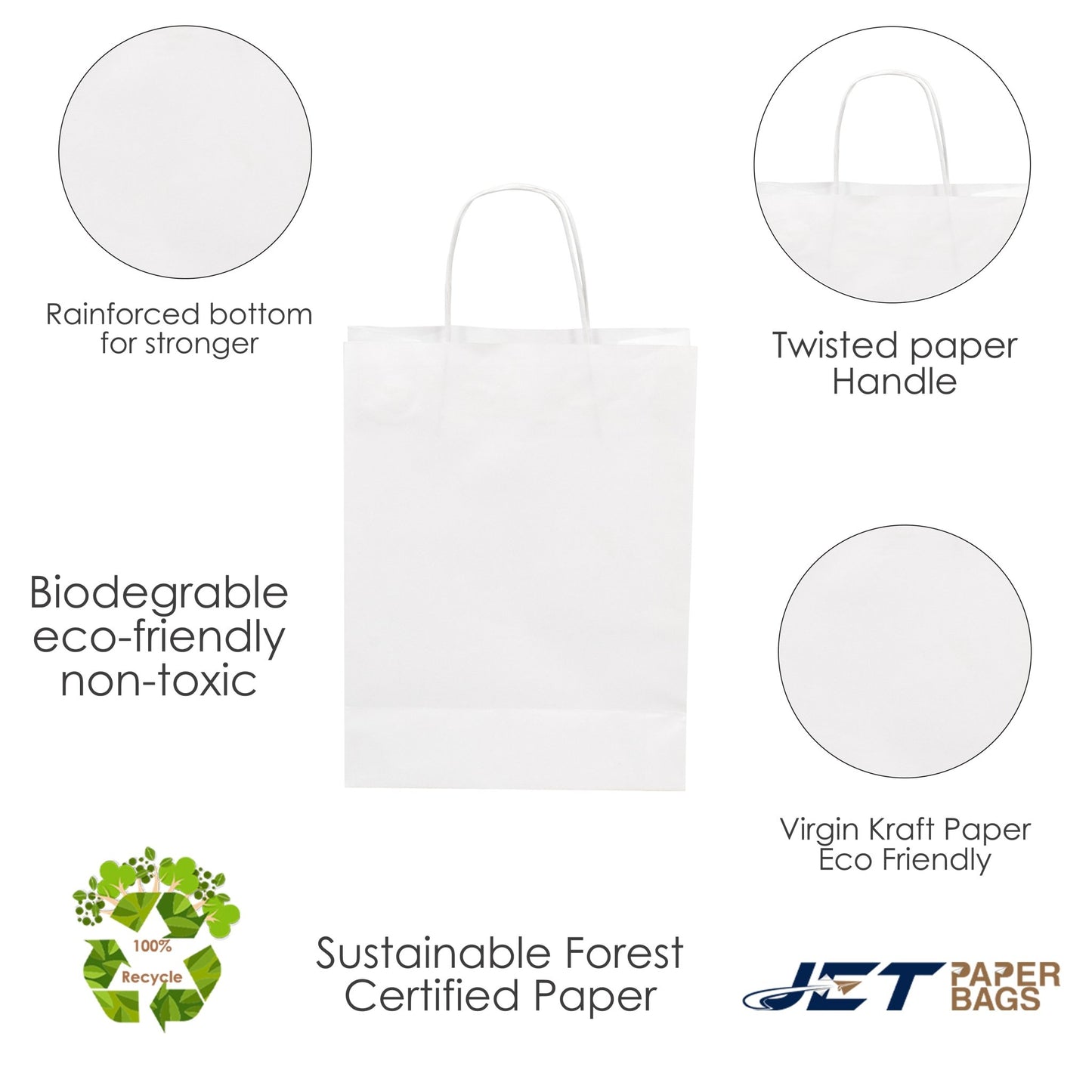 WHITE Paper Bags with Twisted Handles - BORA - 8" x 4" x 9"H - Jet Paper Bags