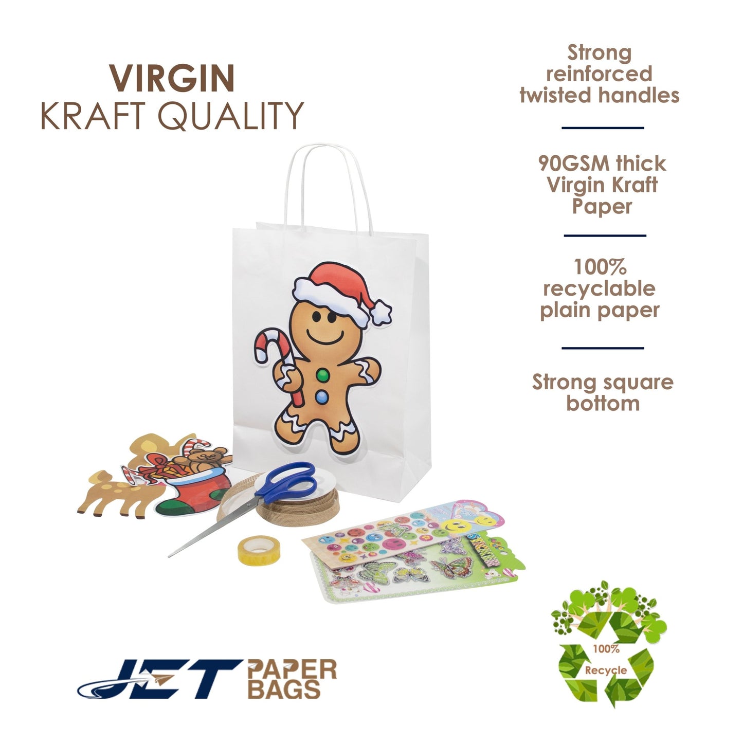 WHITE Paper Bags with Twisted Handles - BORA - 8" x 4" x 9"H - Jet Paper Bags