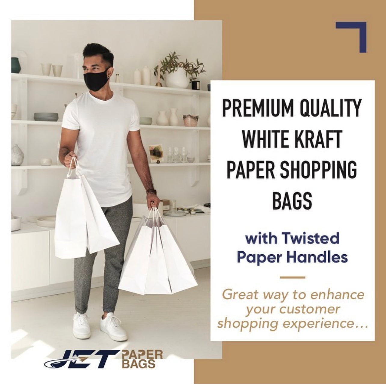 WHITE Paper Bags with Twisted Handles - BORA - 8" x 4" x 9"H - Jet Paper Bags