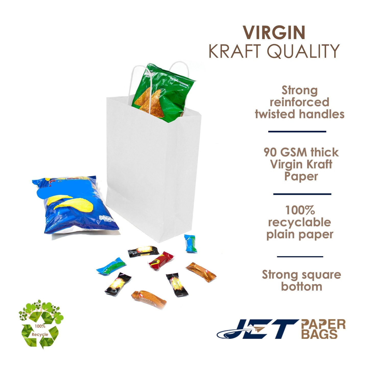 WHITE Paper Bags with Twisted Handles - BORA - 8" x 4" x 9"H - Jet Paper Bags