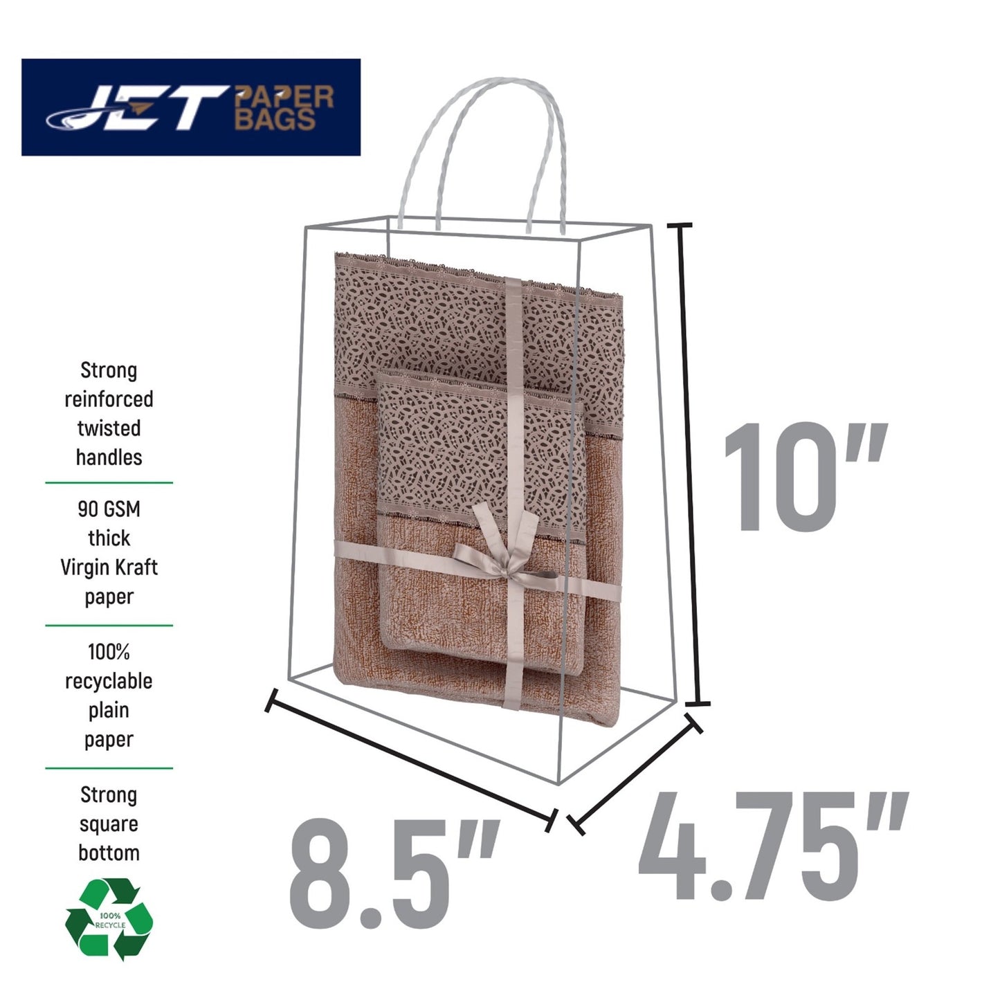 WHITE Paper Bags with Twisted Handles - CARA - 8 1/2" x 4 3/4" x 10H" - Jet Paper Bags