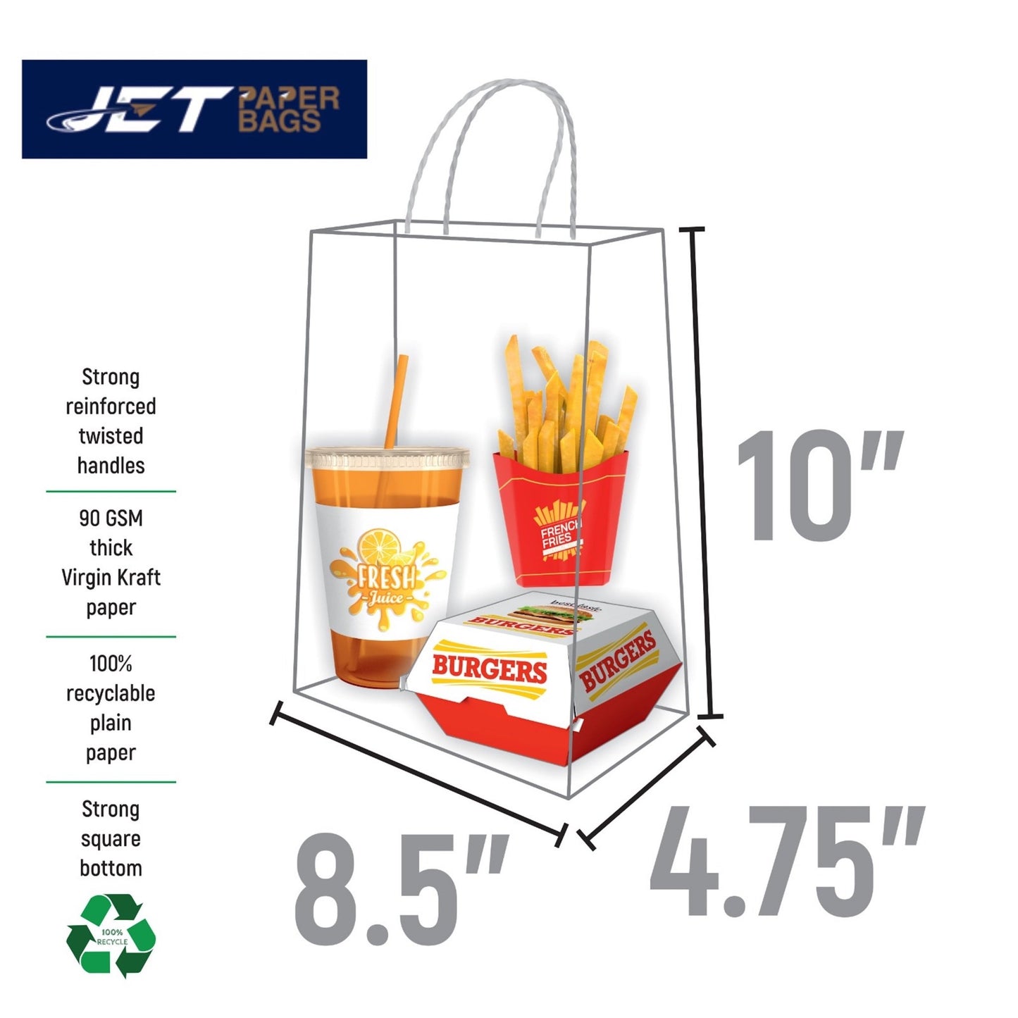 WHITE Paper Bags with Twisted Handles - CARA - 8 1/2" x 4 3/4" x 10H" - Jet Paper Bags