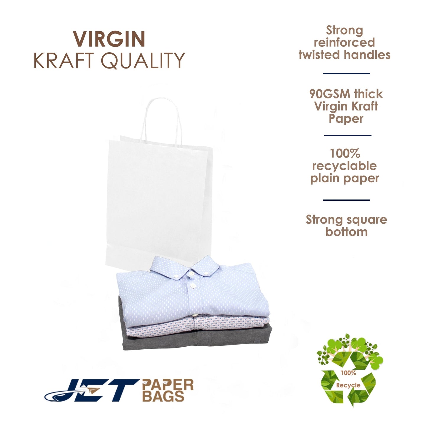 WHITE Paper Bags with Twisted Handles - CARA - 8 1/2" x 4 3/4" x 10H" - Jet Paper Bags