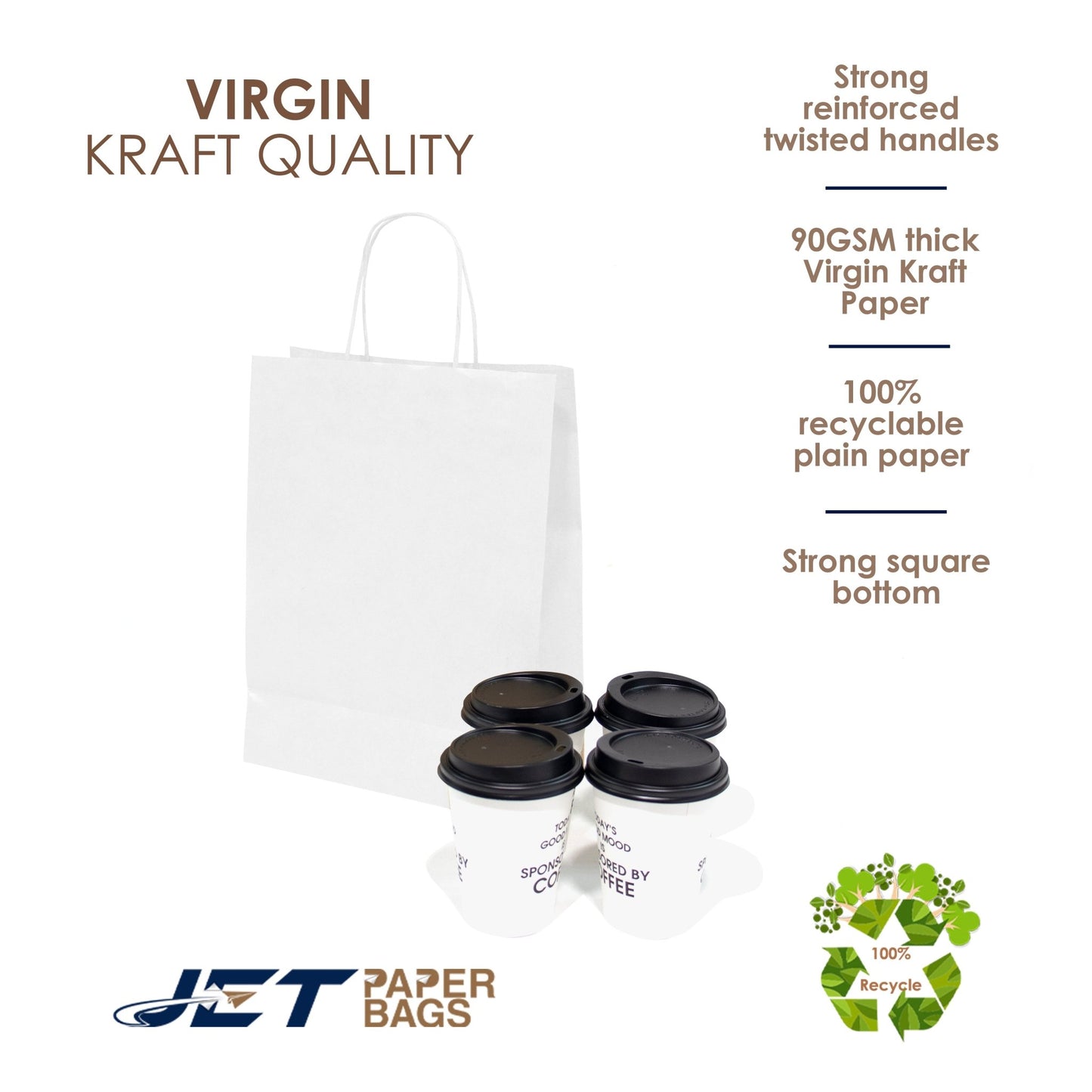 WHITE Paper Bags with Twisted Handles - CARA - 8 1/2" x 4 3/4" x 10H" - Jet Paper Bags