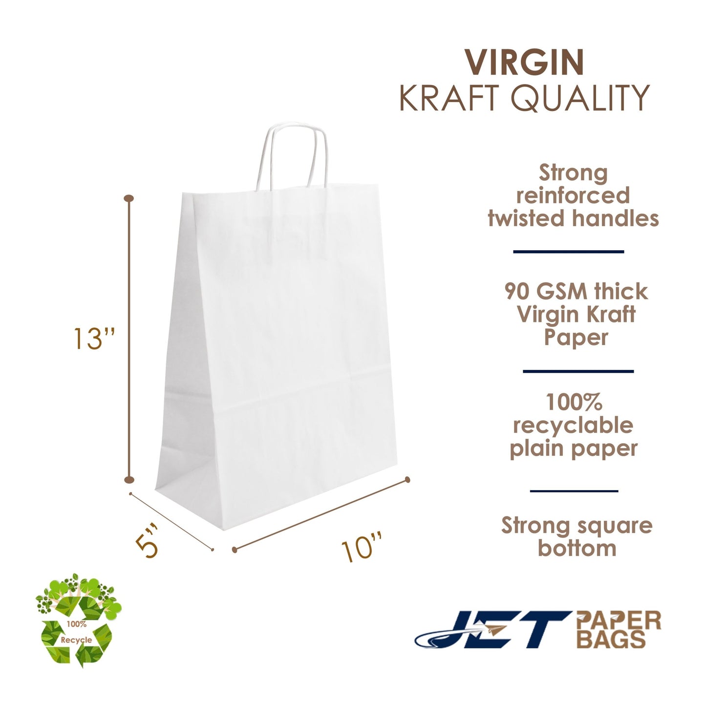 WHITE Paper Bags with Twisted Handles - FINA - 10" x 5" x 13"H - Jet Paper Bags