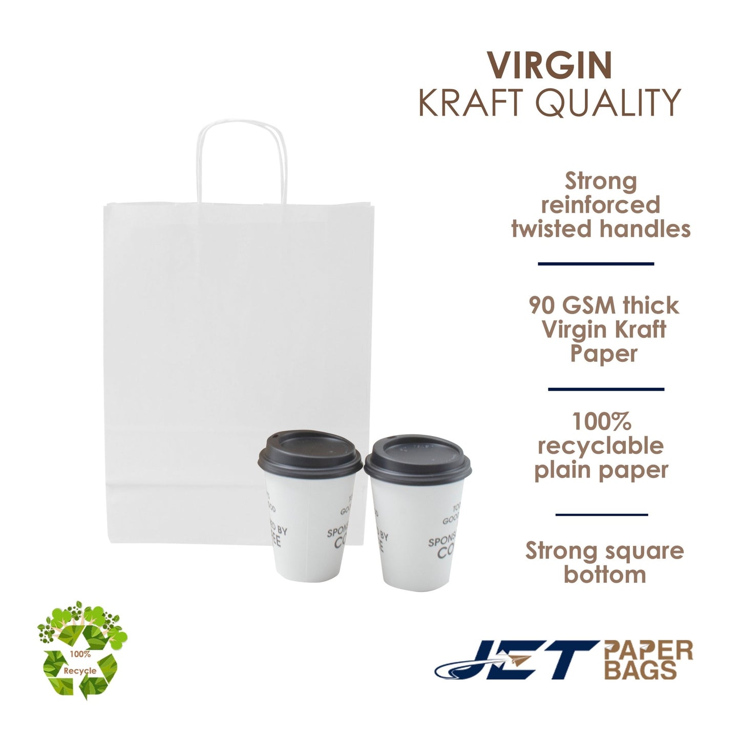 WHITE Paper Bags with Twisted Handles - FINA - 10" x 5" x 13"H - Jet Paper Bags