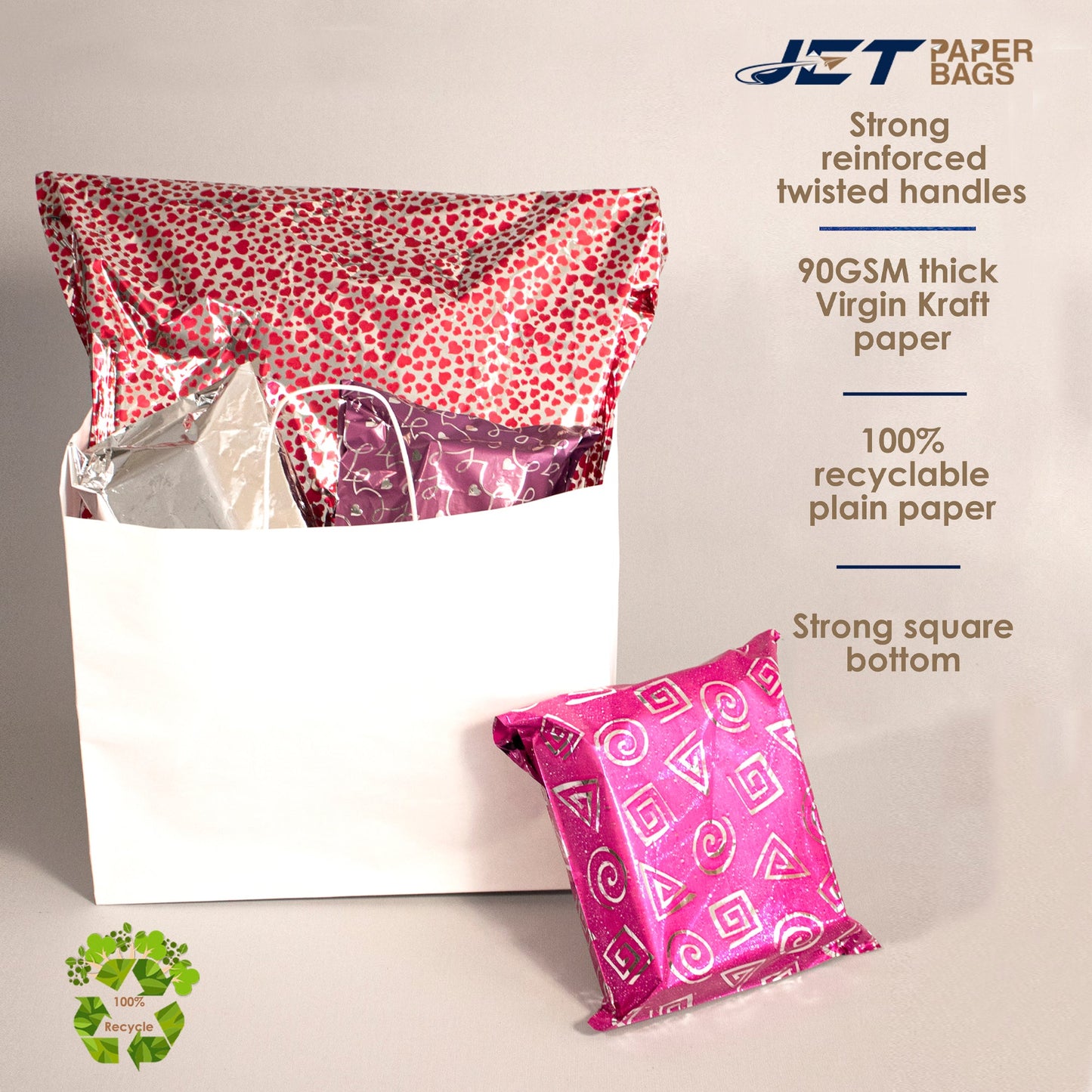 WHITE Paper Bags with Twisted Handles - HYDI - 15" x 10" x 12" H - Jet Paper Bags