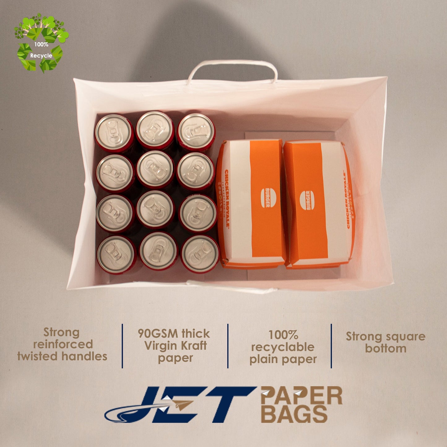 WHITE Paper Bags with Twisted Handles - HYDI - 15" x 10" x 12" H - Jet Paper Bags